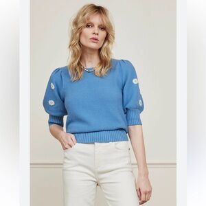 Fabienne Chapot Textured Cotton Blend “Rice” Top in Blue with White Floral. Sz M